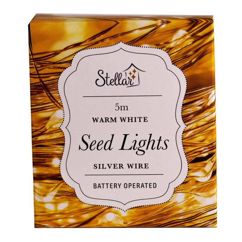Stellar Haus 50 LED Wire Seed Lights 5m AA Silver Warm White image number 0